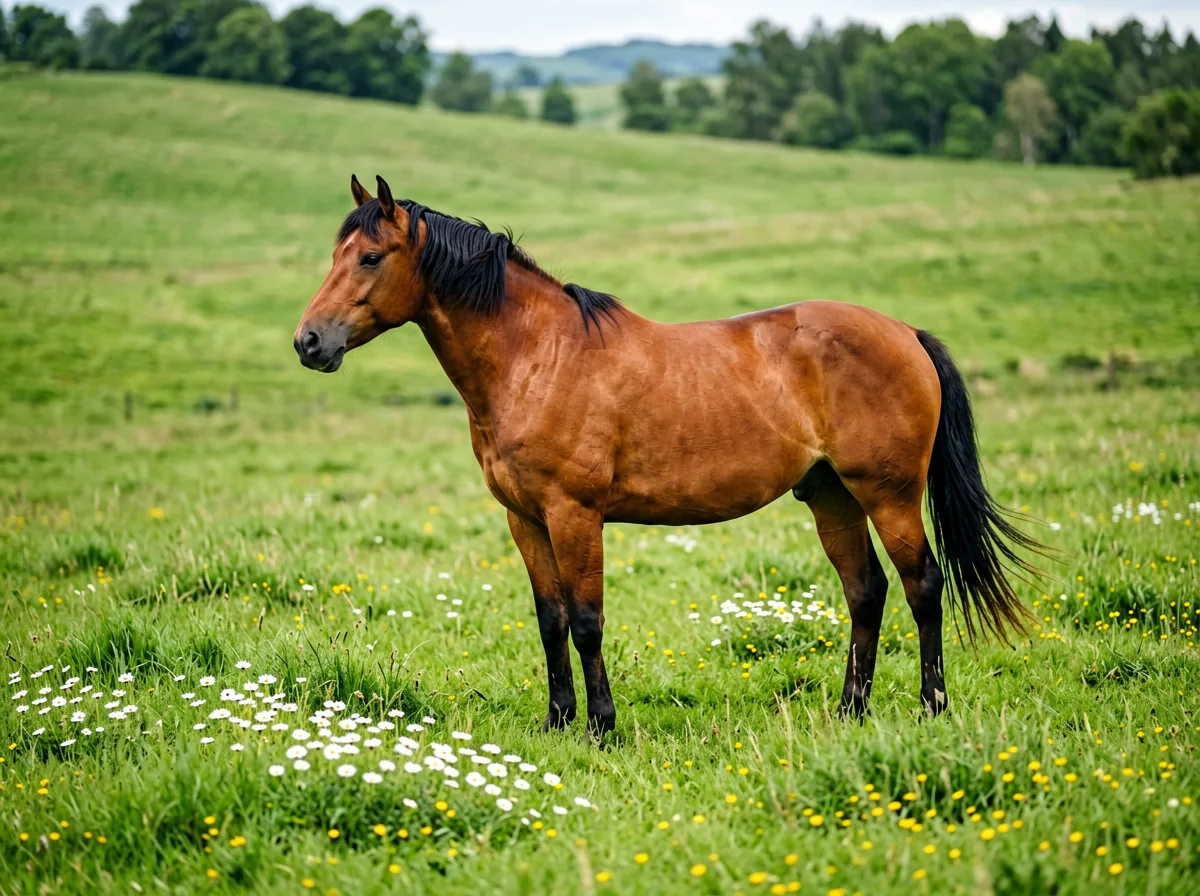 Pferd ruht entspannt auf einer Weide