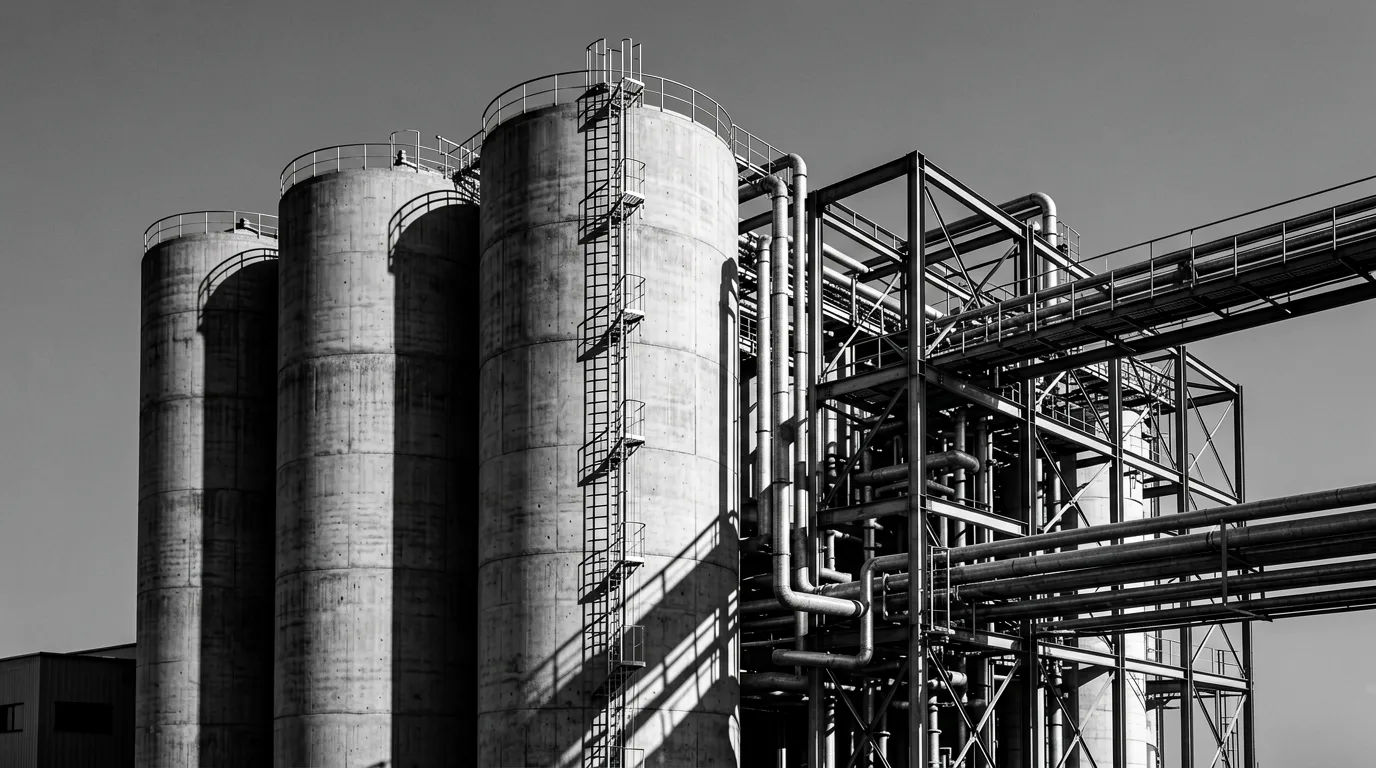 Schwarzweiße Architekturaufnahme einer Industrieanlage