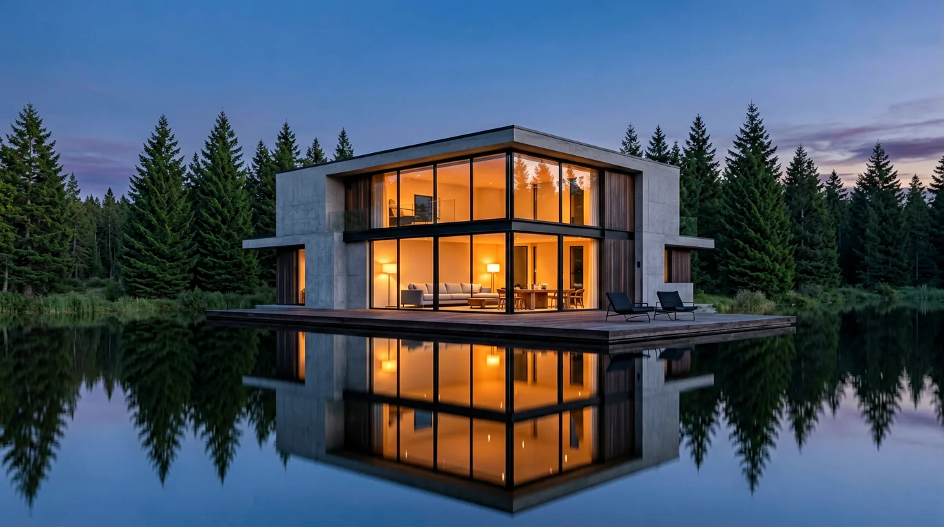 Modernes Haus mit Holzfassade am Seeufer im Abendlicht.