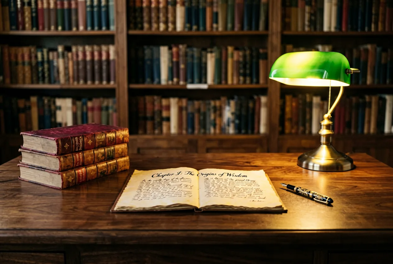 Schreibtisch mit Wörterbüchern, Notizen und Dokumenten in einer Übersetzerinnen-Bibliothek