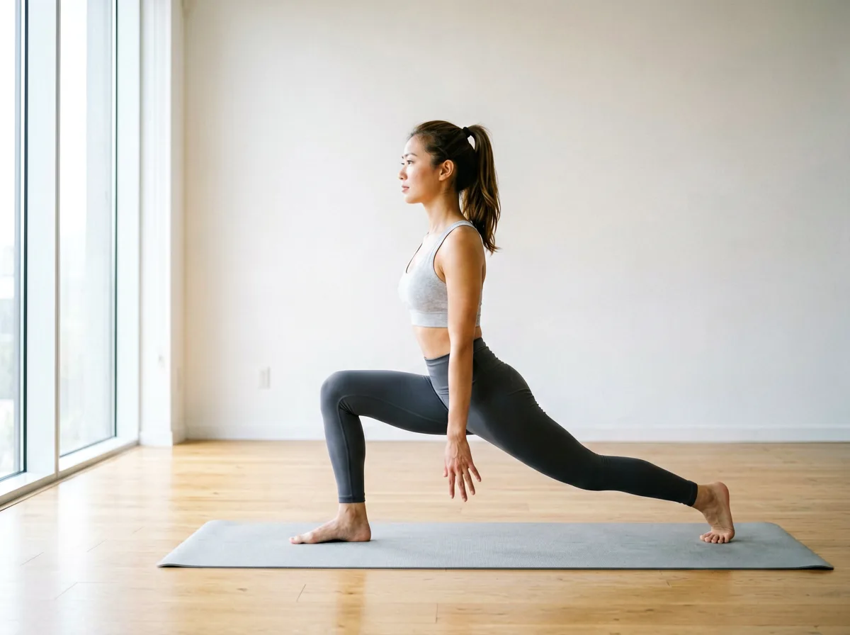 Person dehnt sich konzentriert auf einer Yogamatte im Studio.
