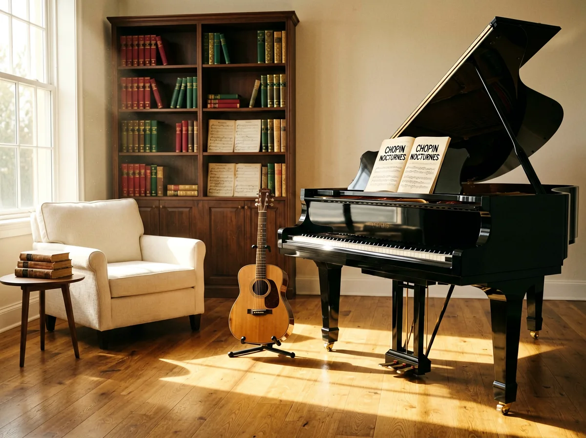Musikraum mit Notenheften und Sonnenlicht