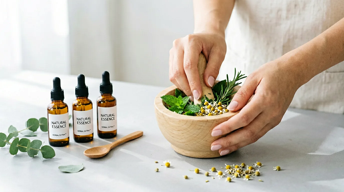 Ruhiger Behandlungsraum einer Naturheilpraxis mit getrockneten Kräutern und natürlichen Heilmitteln
