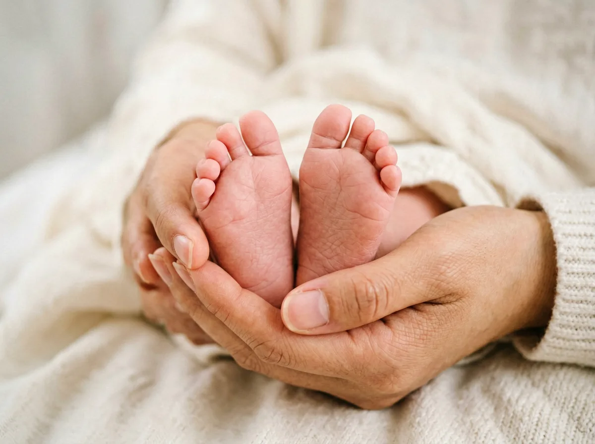Nahaufnahme von Babyfüßchen in einer Mutterhand — Symbol Wochenbett