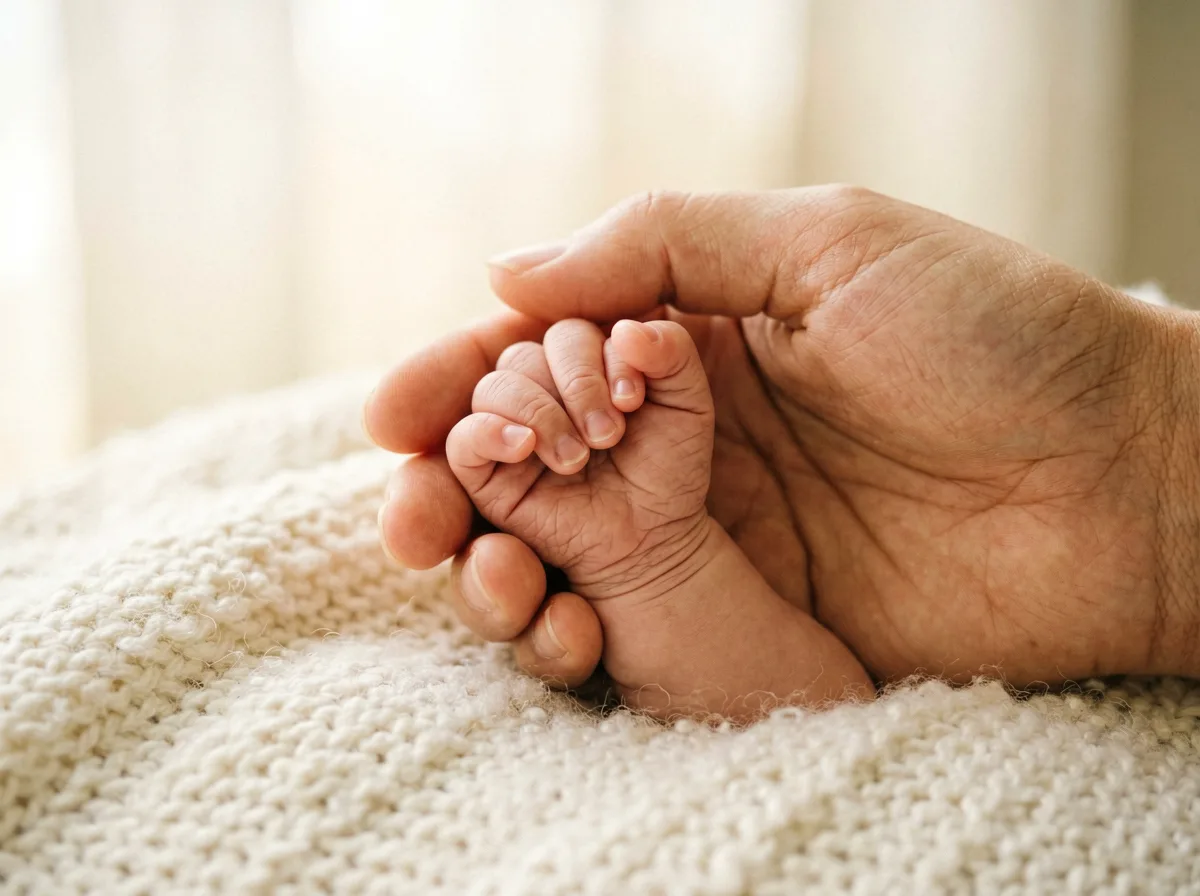 Sanfte Hände einer Hebamme halten ein neugeborenes Baby im warmen Licht.