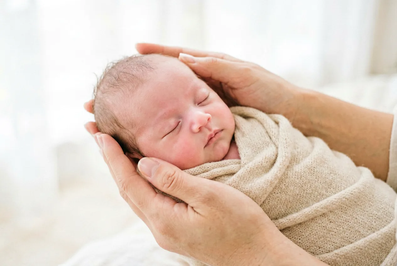 Mutter hält Hände um ihr neugeborenes Baby im sanften Tageslicht.