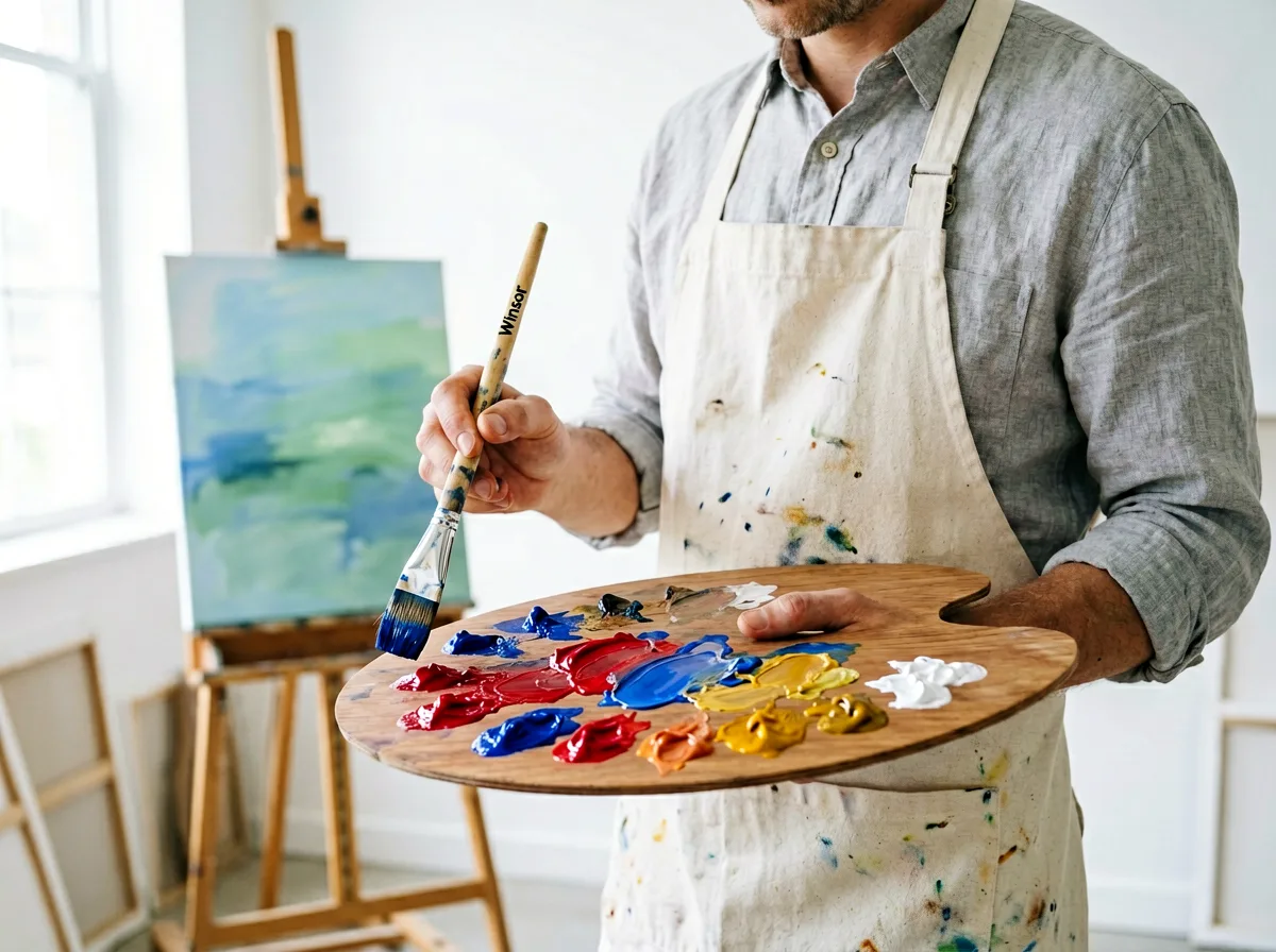 Pinsel und Farbpalette im Atelier