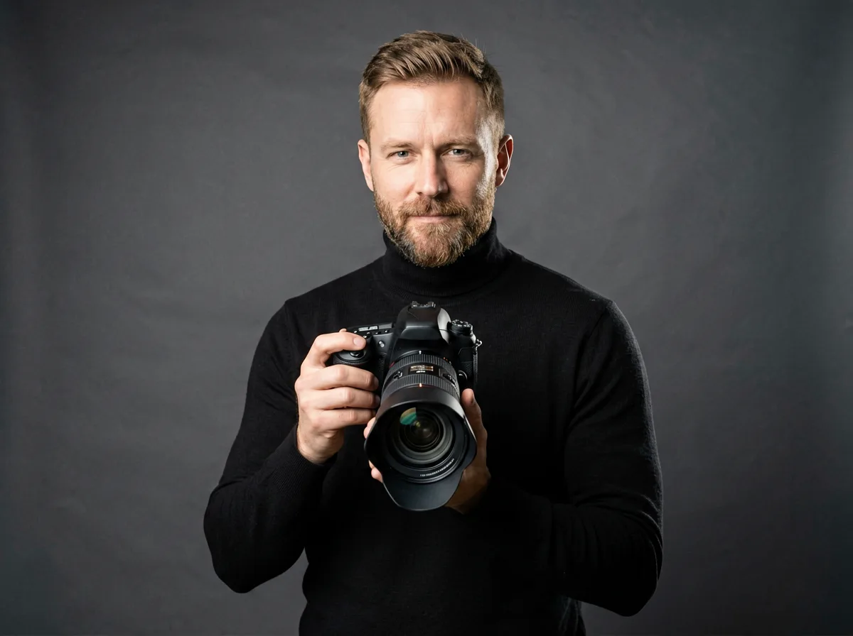 Porträt eines Fotografen mit Kamera im Atelier