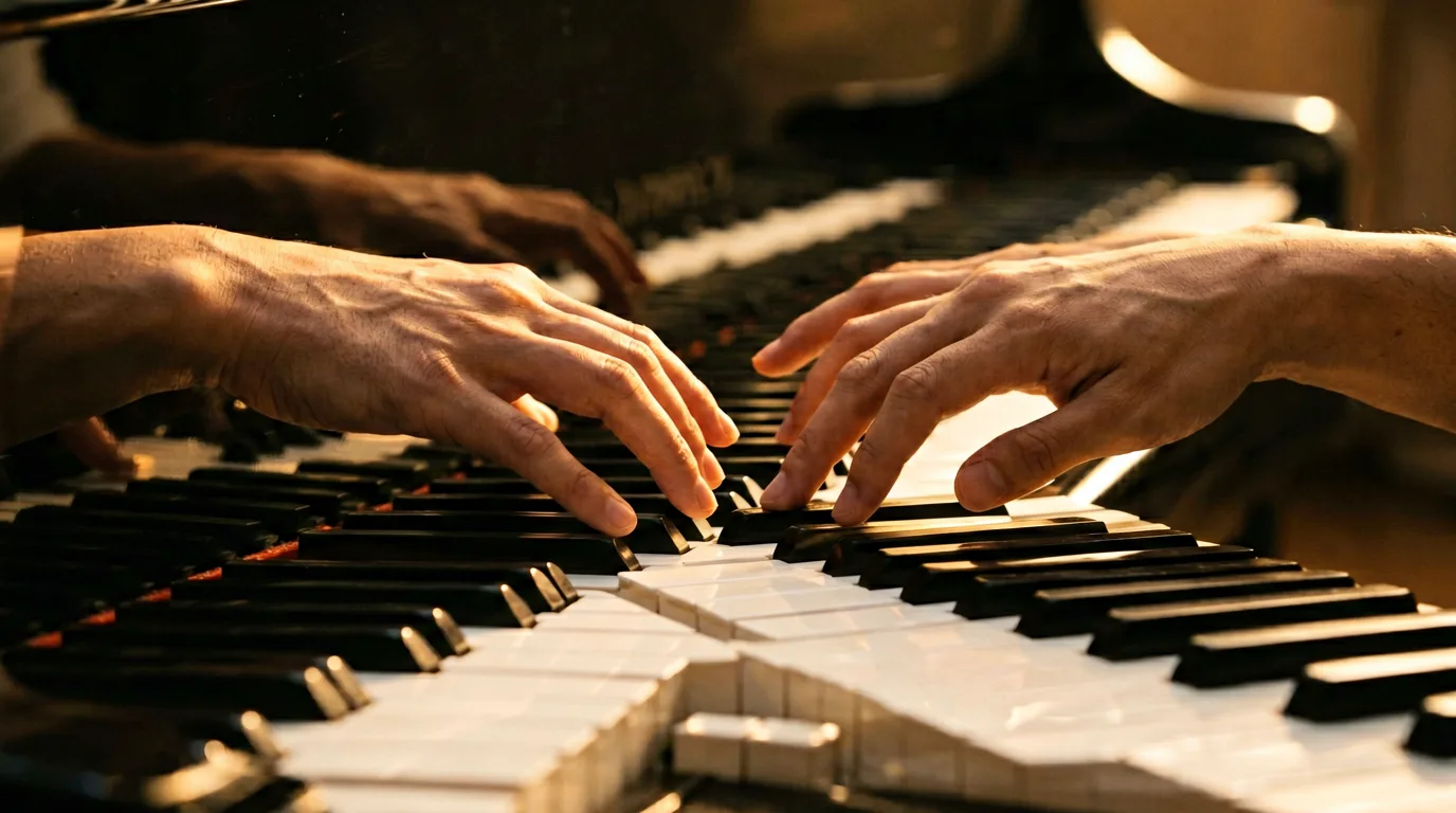 Hände auf Klaviertasten in warmem Licht