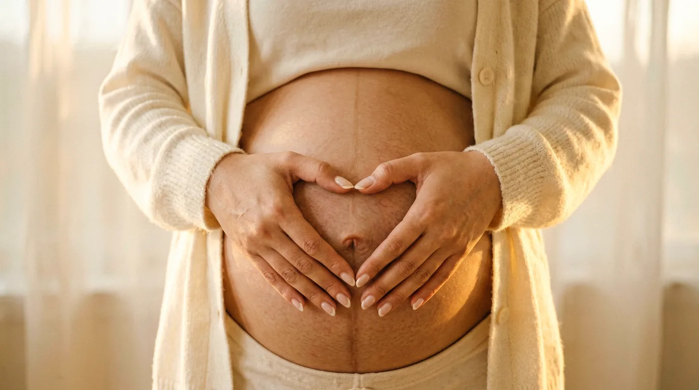 Schwangere Frau in warmem, weichem Licht — Hände liegen sanft auf dem Babybauch
