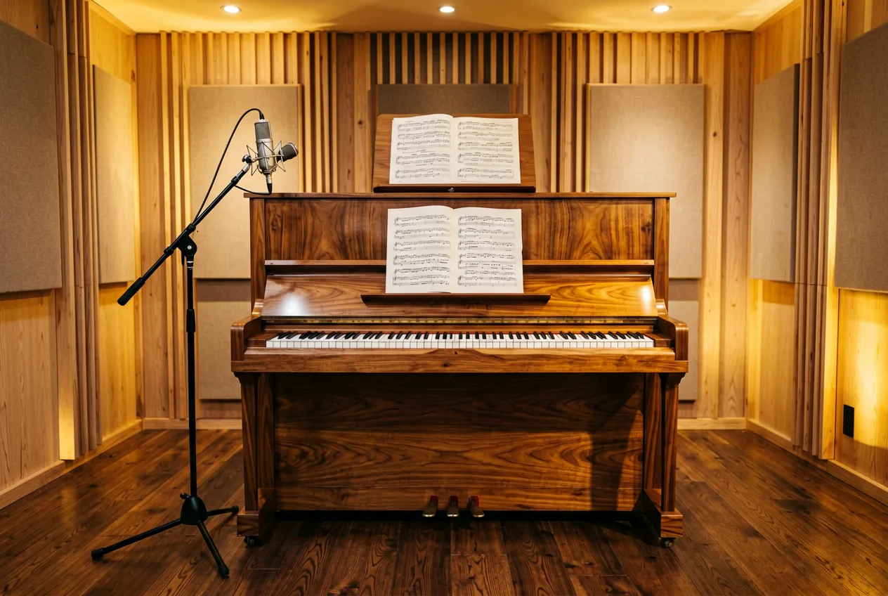 Studio mit Flügel und Holzboden in warmem Licht