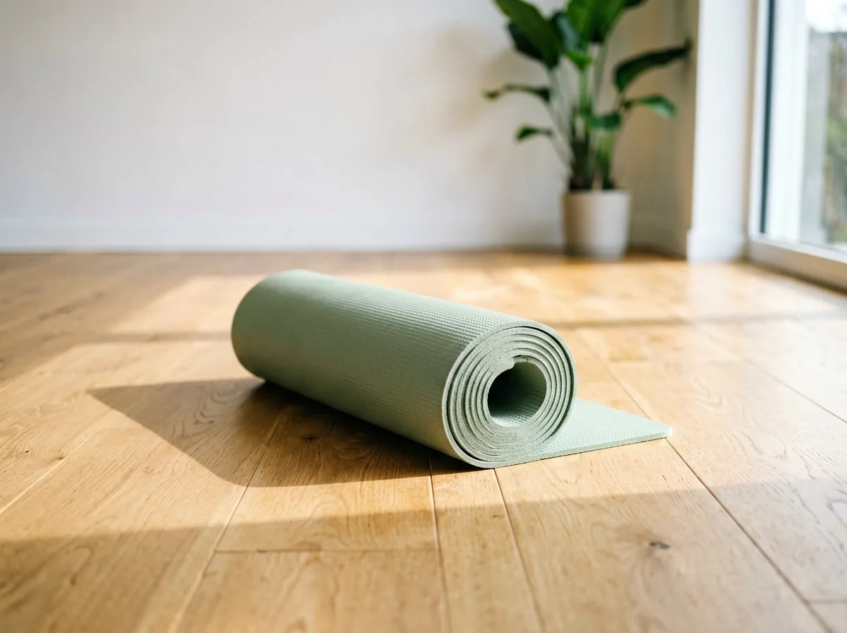 Zusammengerollte Yogamatte in einem ruhigen Studio.