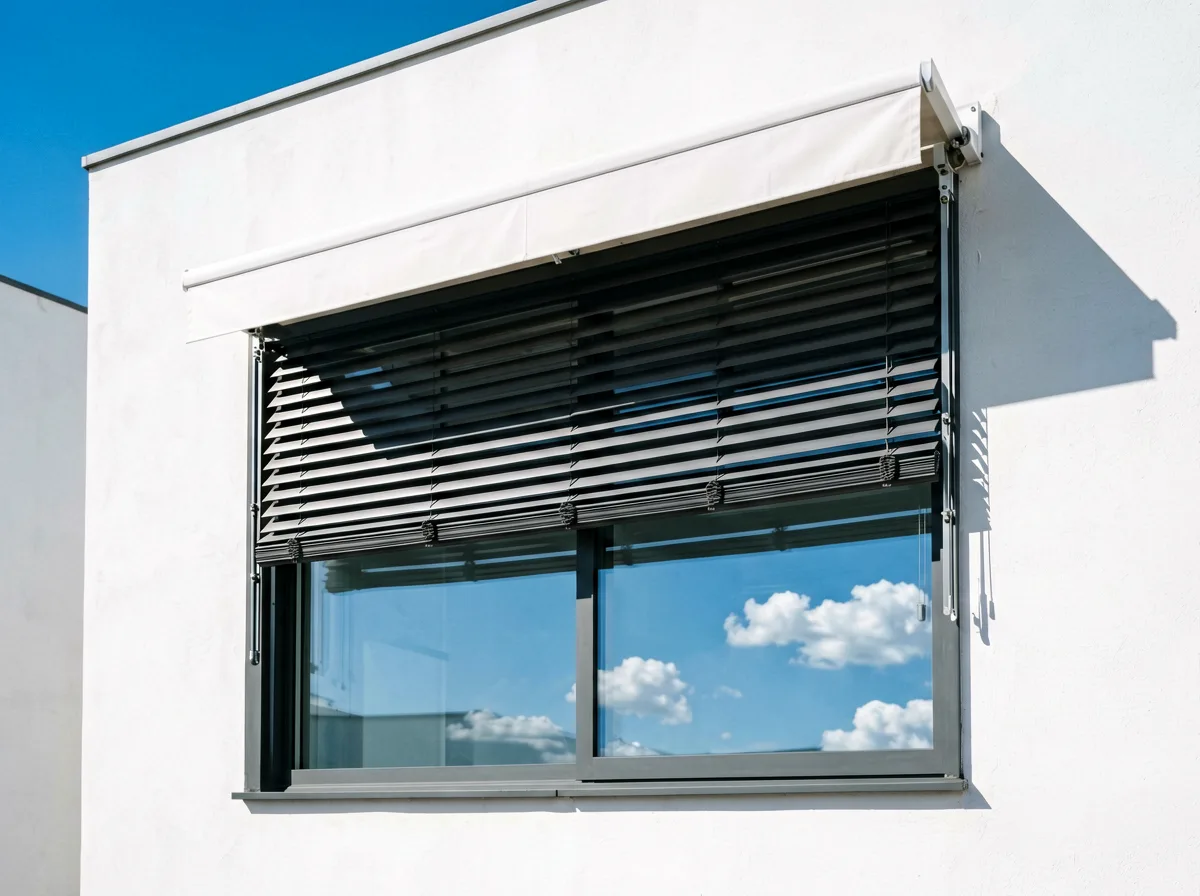 Fenster mit Sonnenschutz und Markise an einem hellen Tag