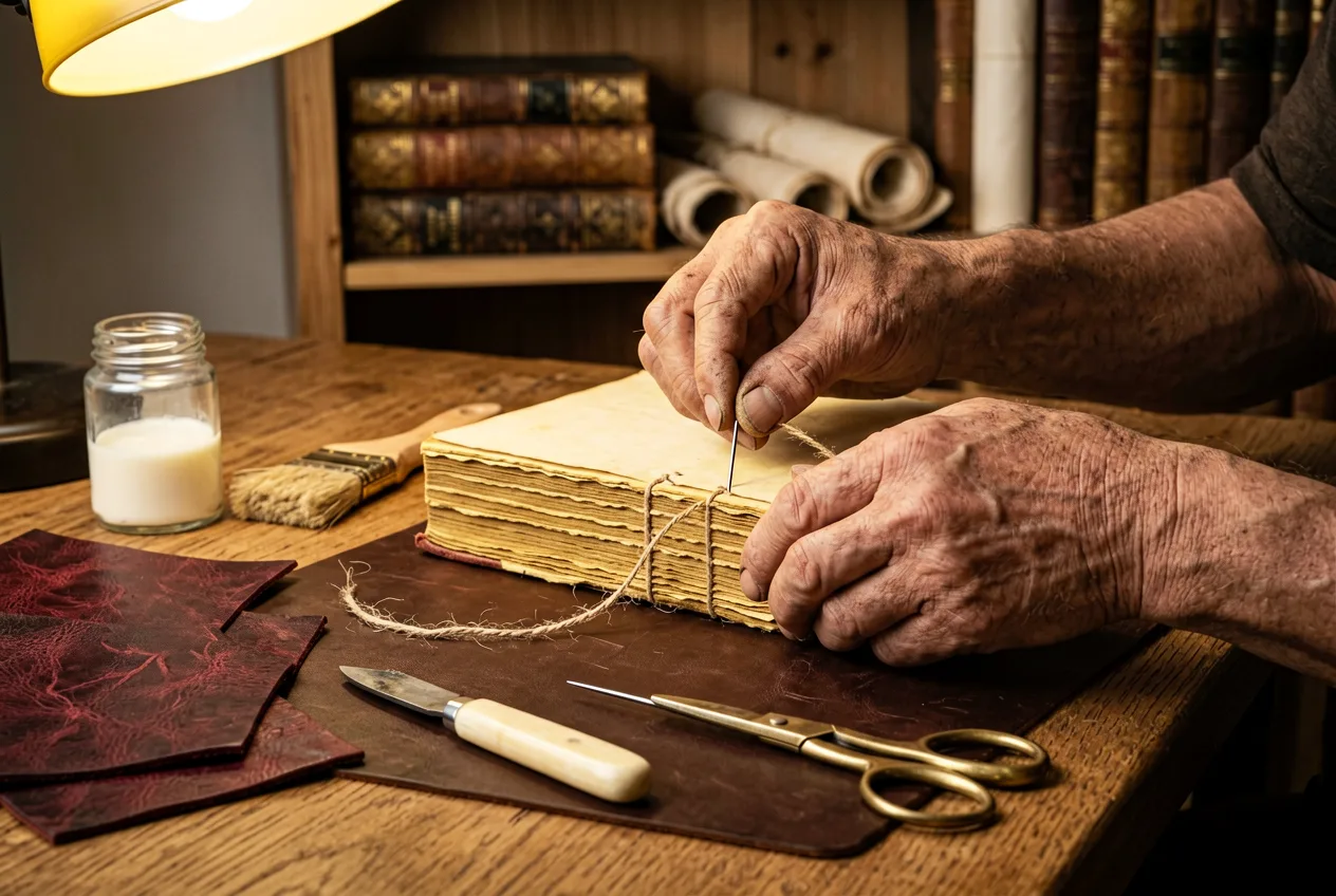 Hände binden in der Werkstatt einen Ledereinband, daneben historische Bücher.