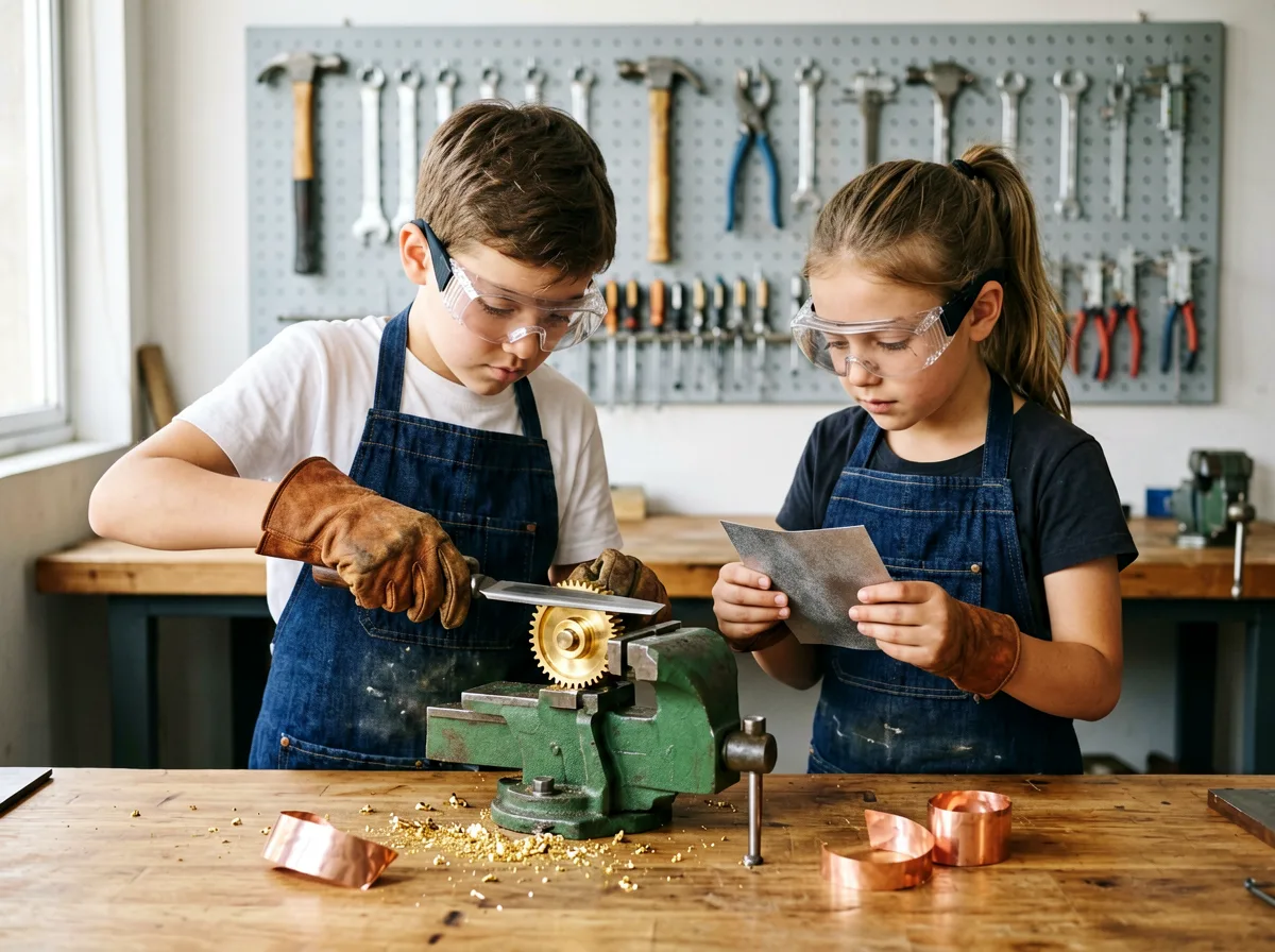 Werkstatt-Szene mit Kindern, die Metall bearbeiten