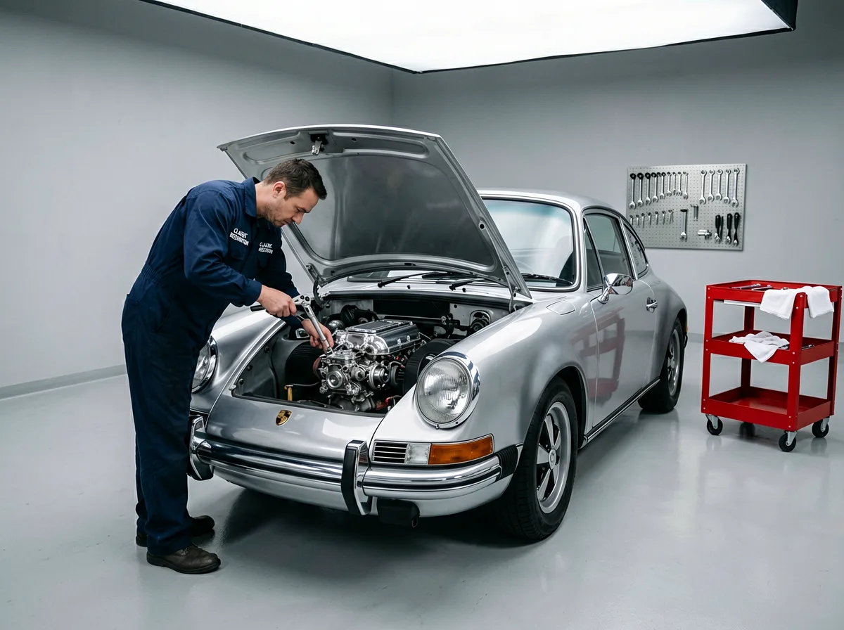 Ein klassischer Oldtimer steht zur Restaurierung in der Werkstatt.