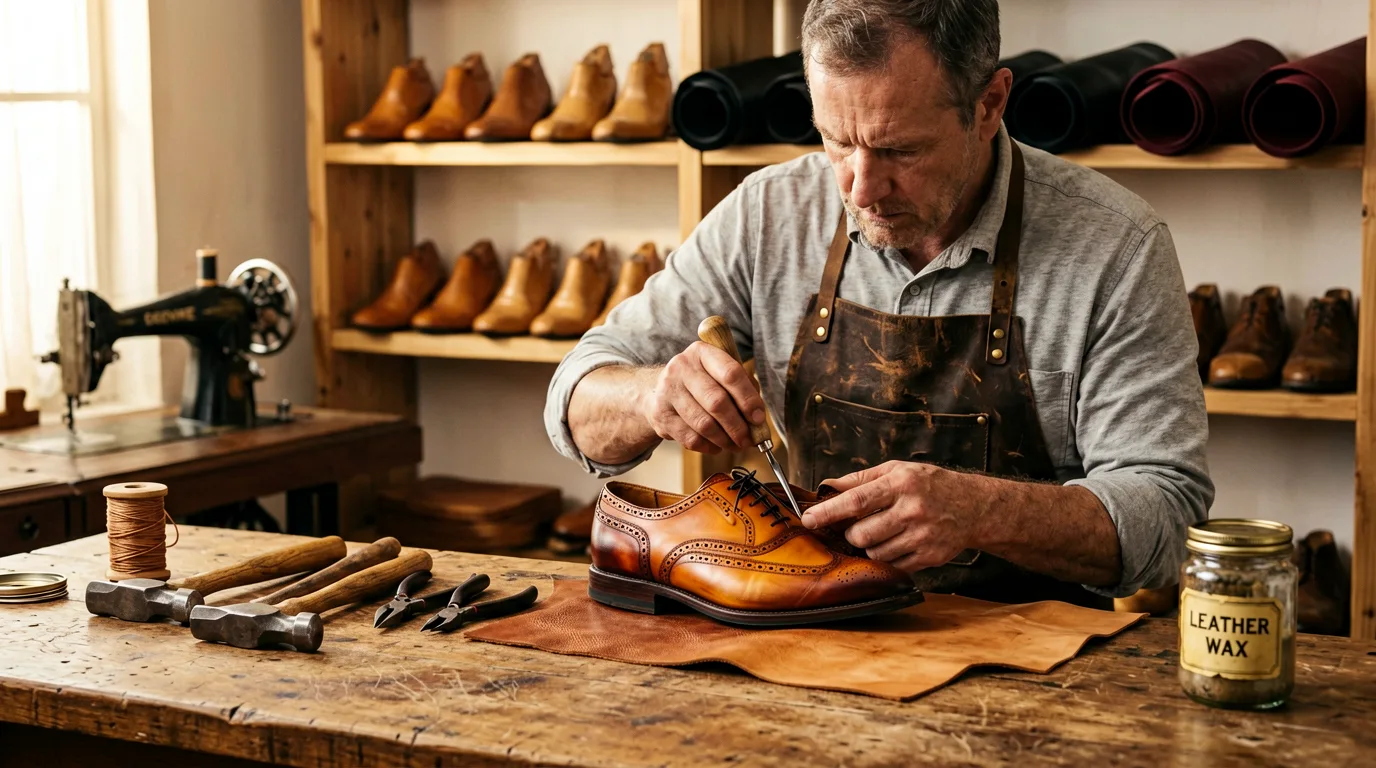 Schuhmacher bei der Arbeit an einem Lederschuh in seiner Werkstatt