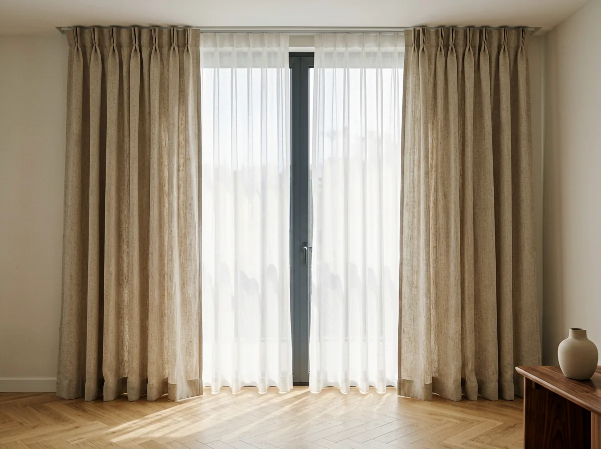 Heller Wohnraum mit fließenden Vorhängen am Fenster