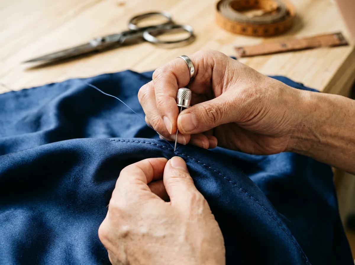 Hände beim Nähen feiner Maßarbeit