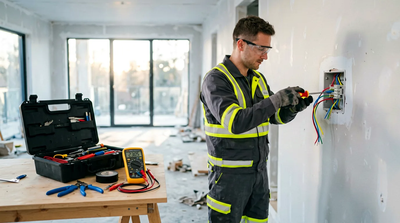 Elektromeister bei einer modernen Installation am Schaltkasten.
