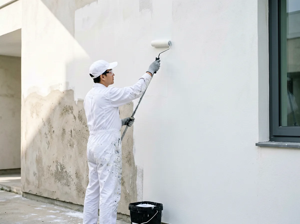 Handwerker beim Streichen einer Hausfassade auf dem Gerüst.