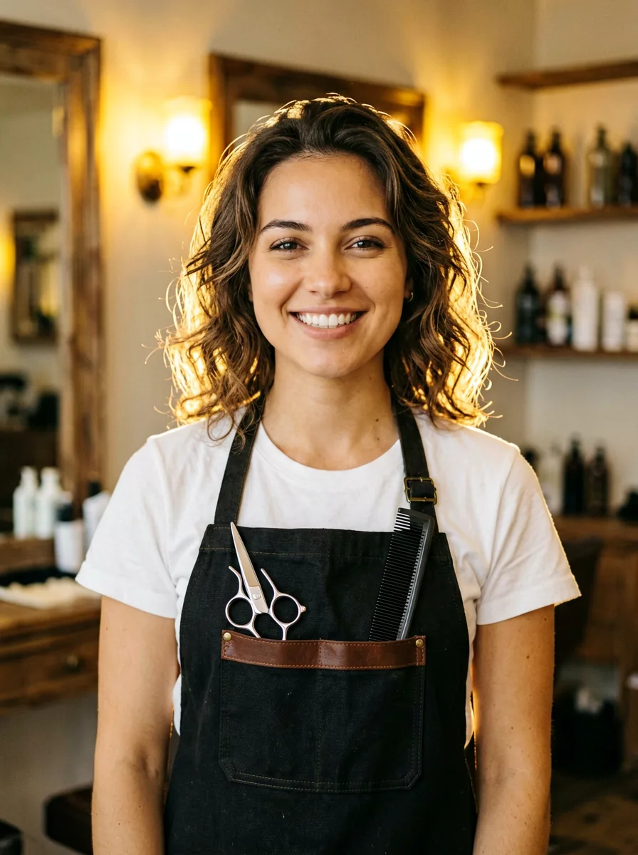 Portrait einer Friseurmeisterin mit ruhigem, freundlichem Ausdruck im warmen Salonlicht.