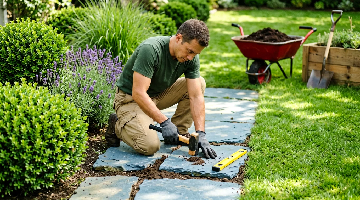 Naturnah gestalteter Garten mit Rasenfläche und Bepflanzung