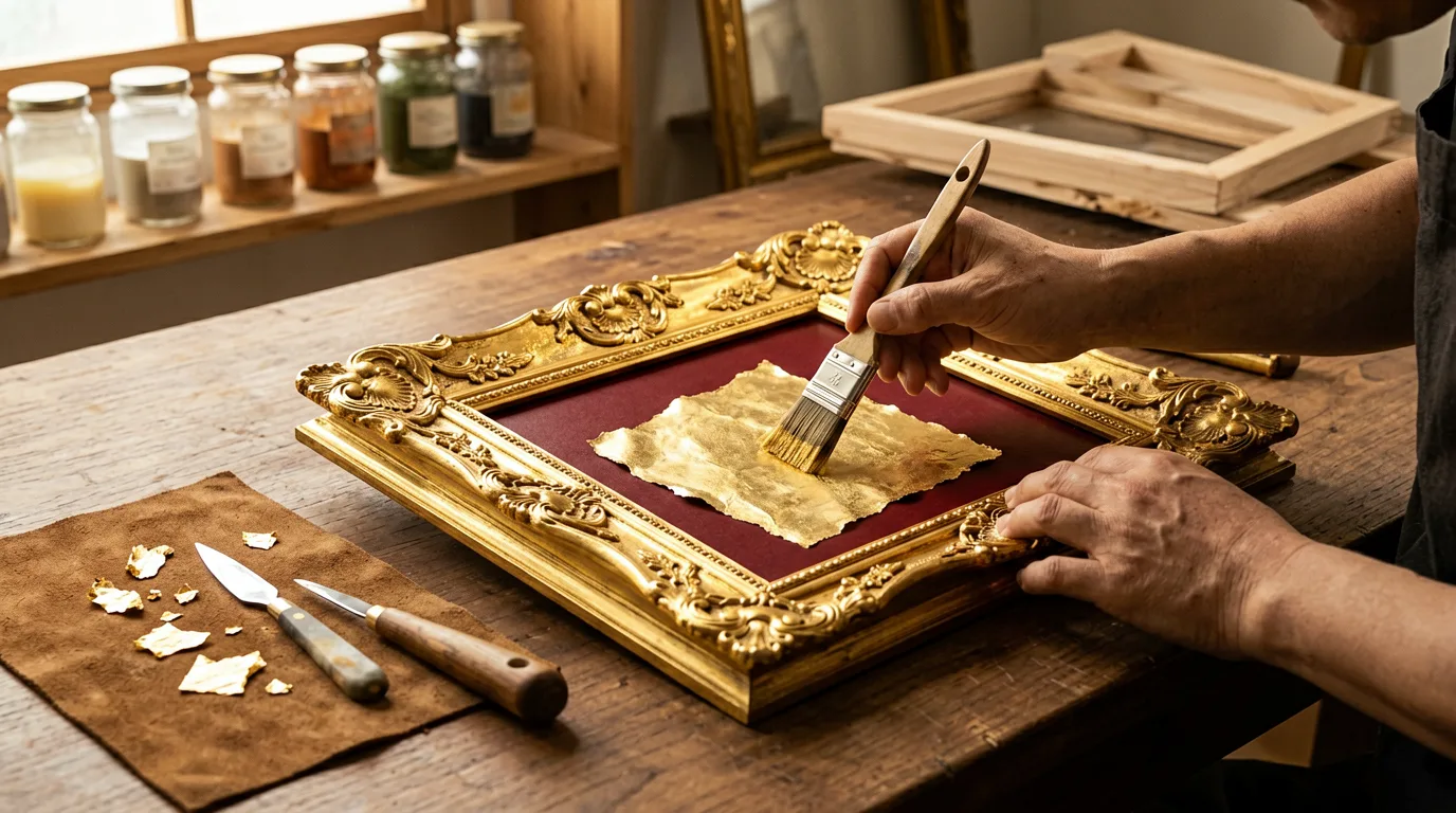 Mit echtem Blattgold veredelter Zierrahmen in einer Vergolderwerkstatt.