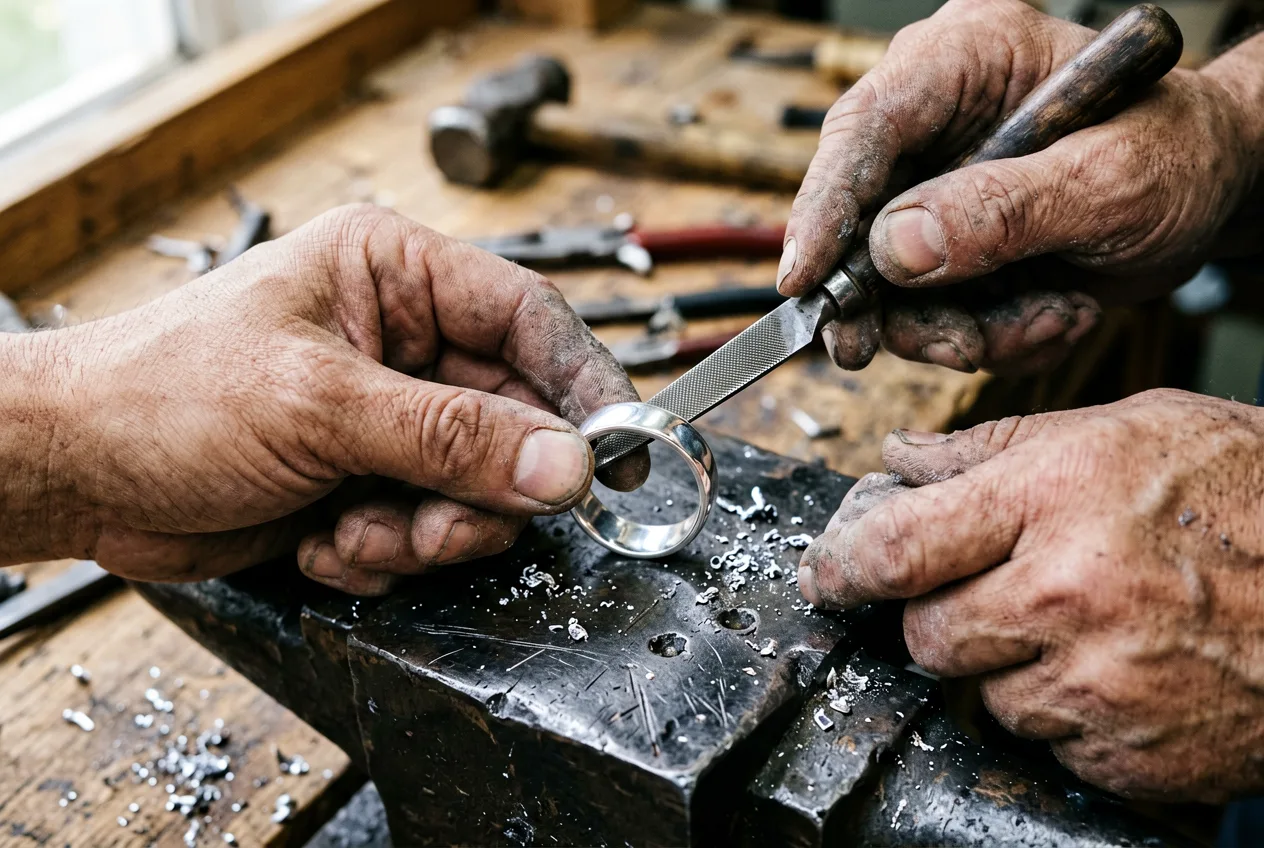 Hände einer Goldschmiedin bei der Arbeit am Werkstück
