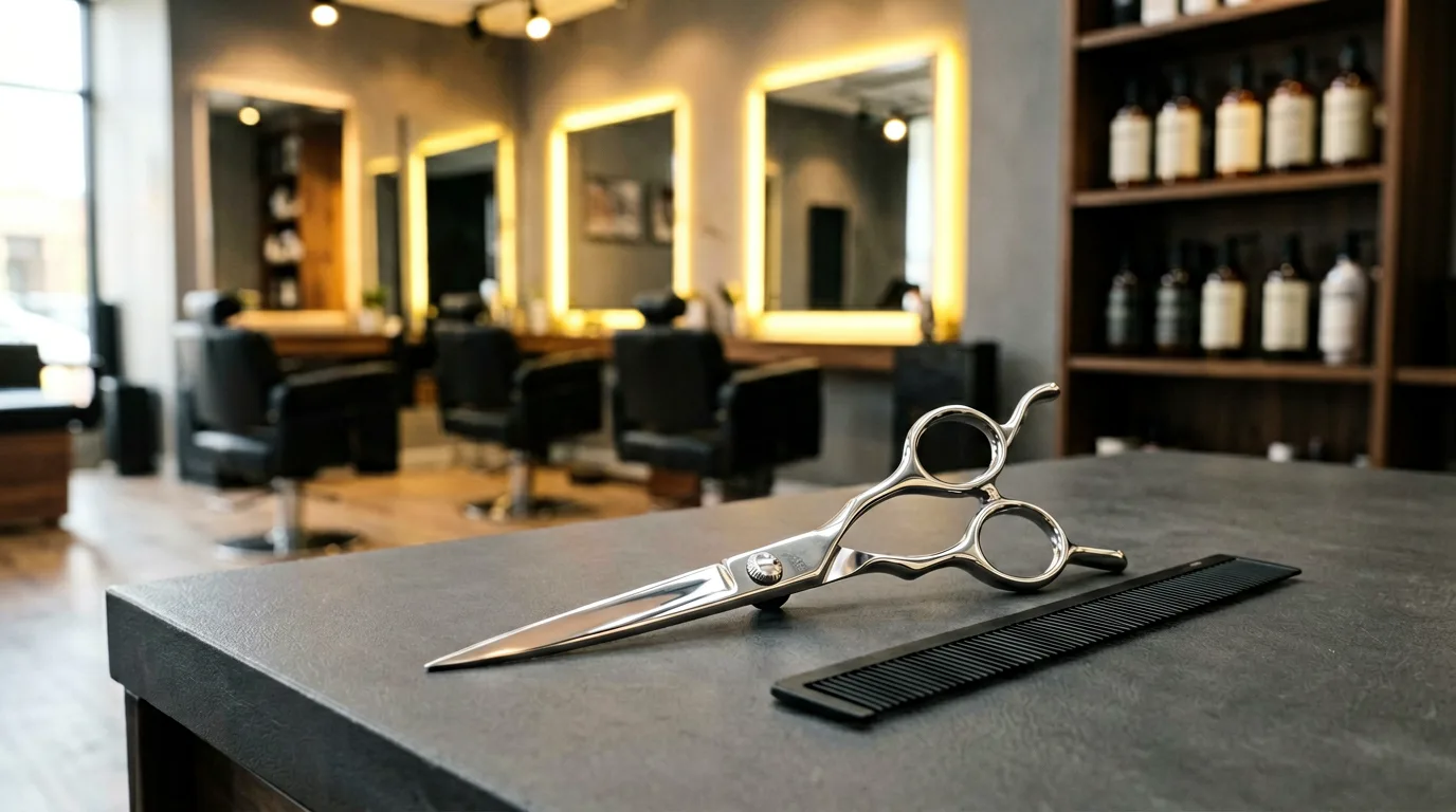 Heller Friseursalon mit Stylingstuhl, Spiegel und warmem Tageslicht.