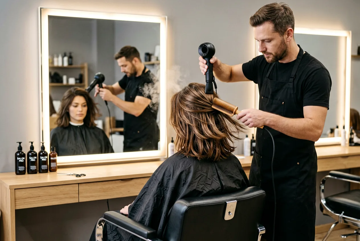 Friseurmeisterin föhnt Kundin im hellen Salon.