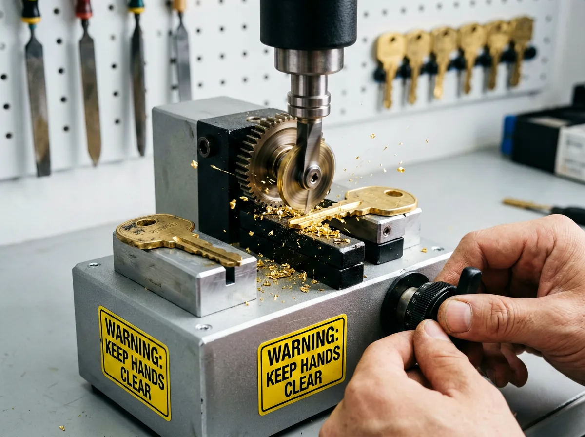Präzise Schlüsselmaschine schneidet einen Messingschlüssel in der Werkstatt