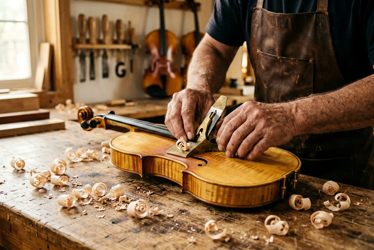 Hände bei der Arbeit an einem Streichinstrument, umgeben von Hobelspänen.