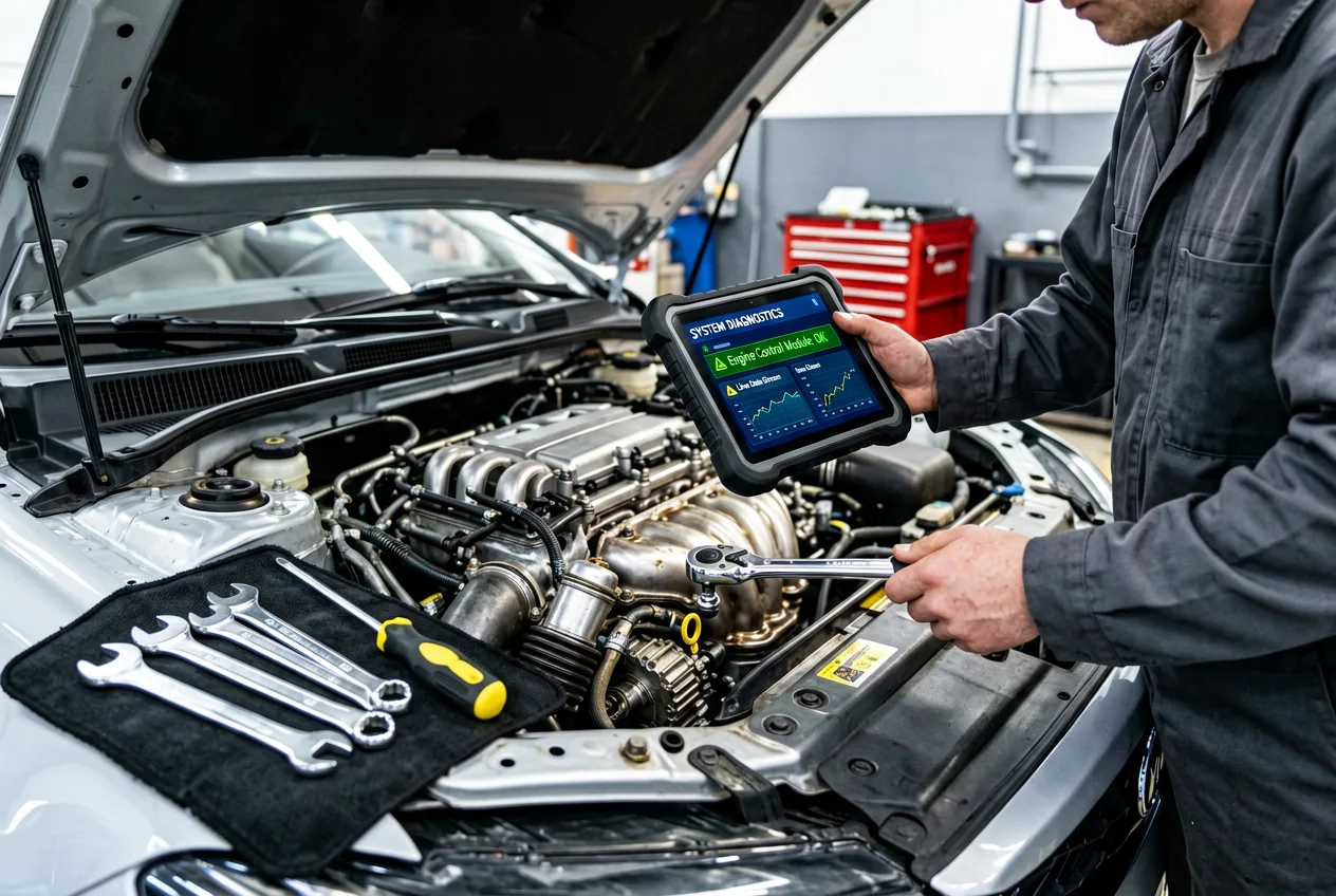 Ein Mechaniker arbeitet mit Diagnosegerät am Motorraum eines Fahrzeugs.