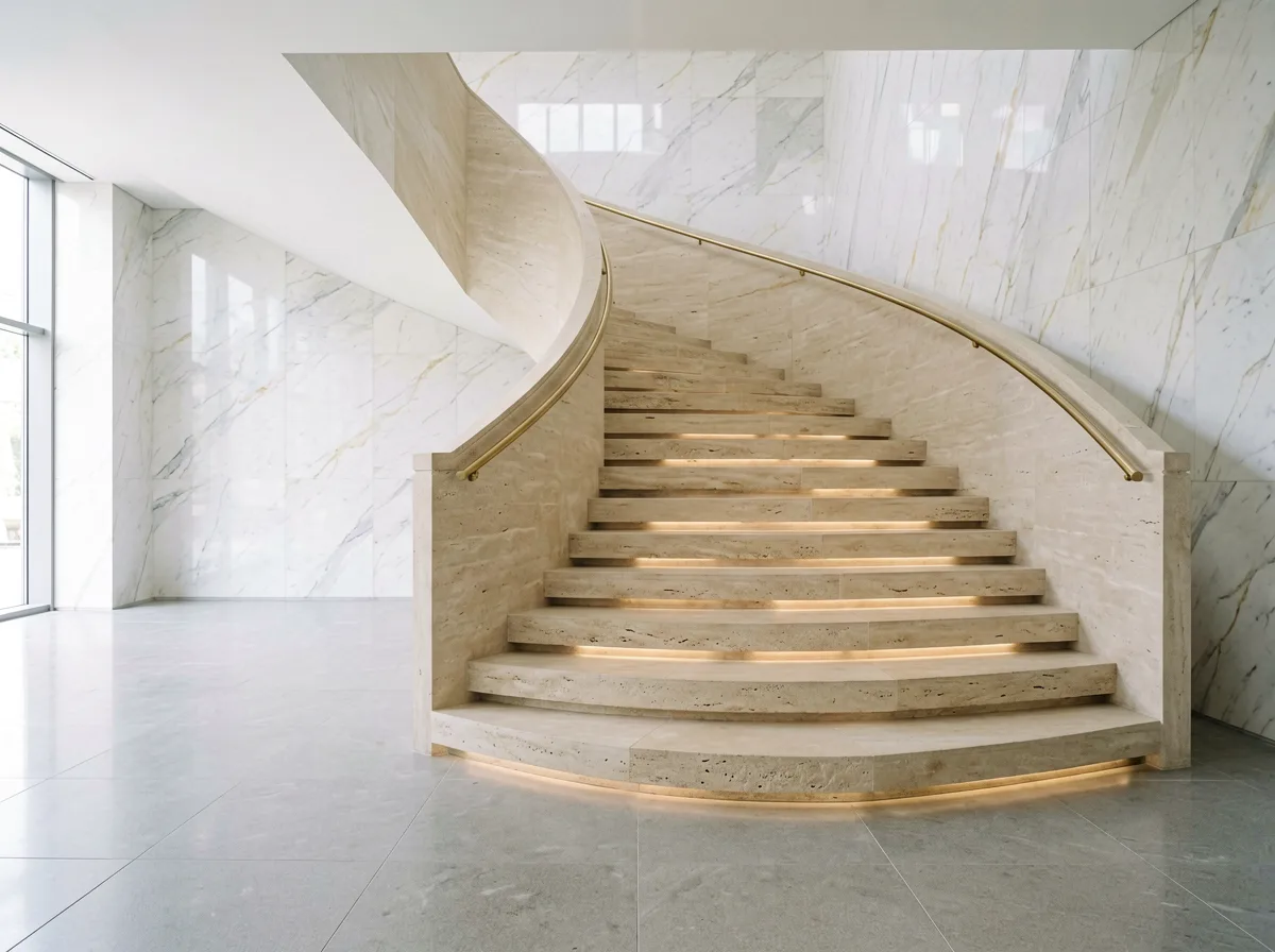 Treppe und Bodenbelag aus poliertem Naturstein im Innenraum