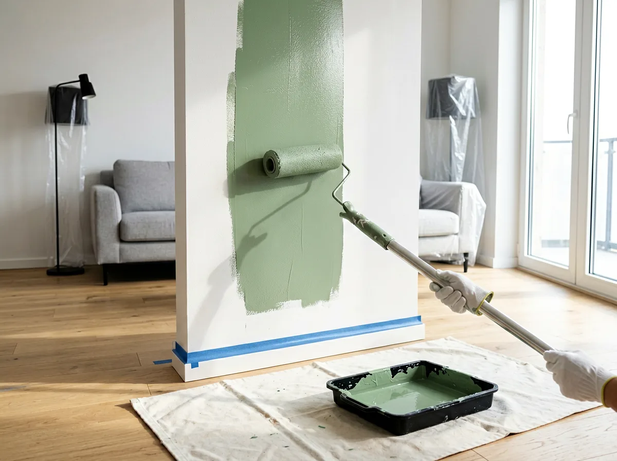 Frisch gestrichene Wand in einem hellen Wohnraum mit Farbrolle.
