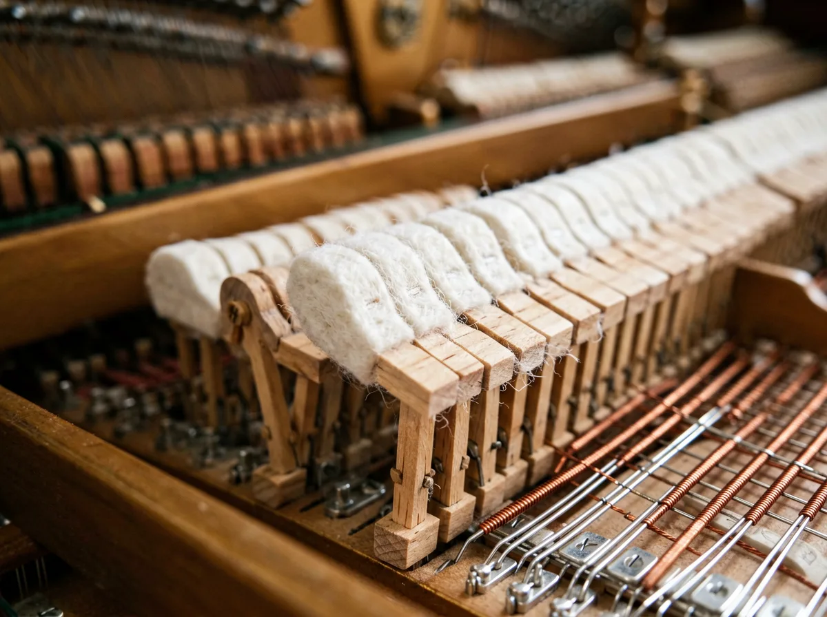 Detail einer Klavier Mechanik mit Hammerfilz und Saiten