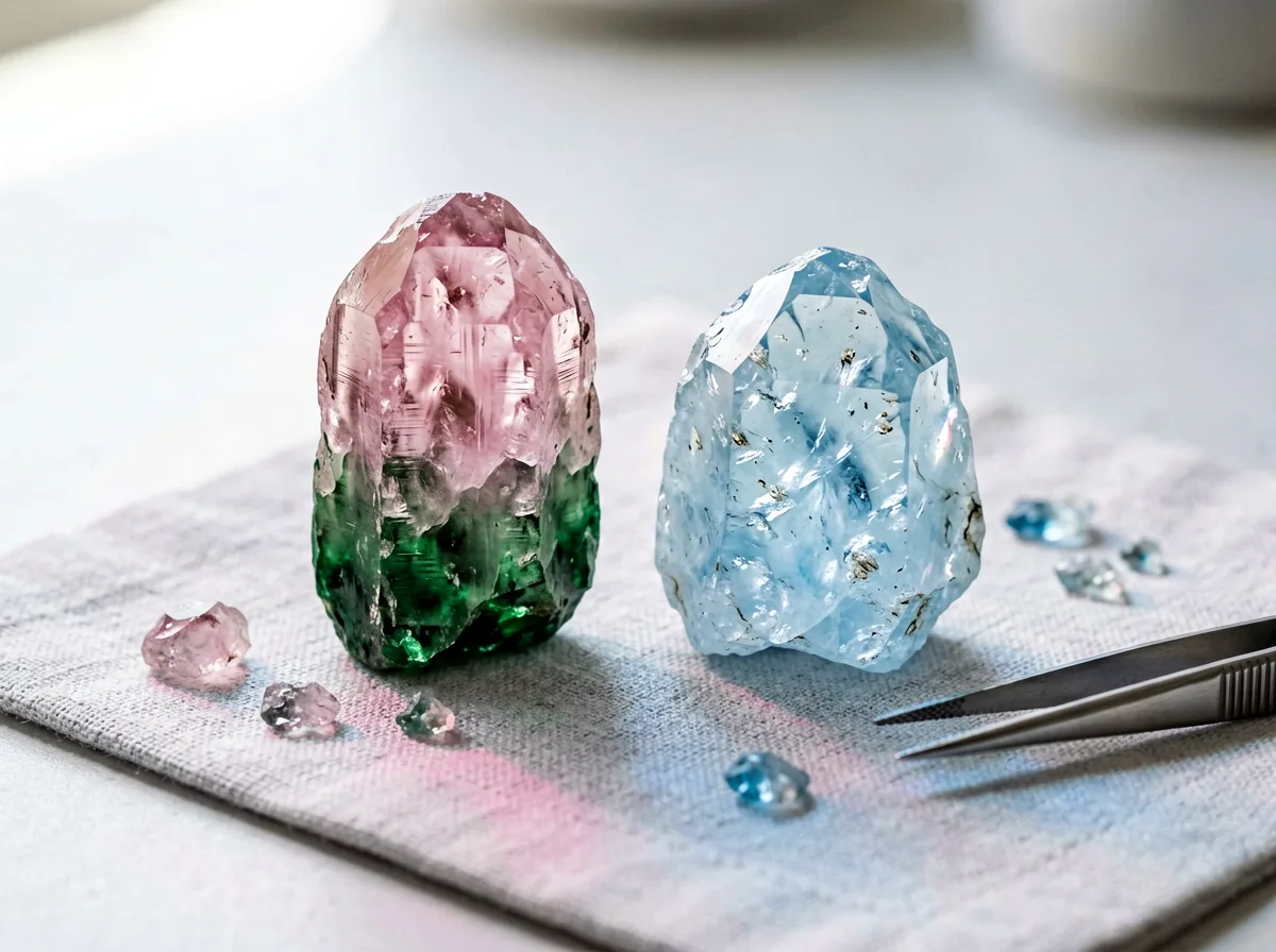 Rohe Edelsteine, Turmaline und Aquamarine, vor der Verarbeitung