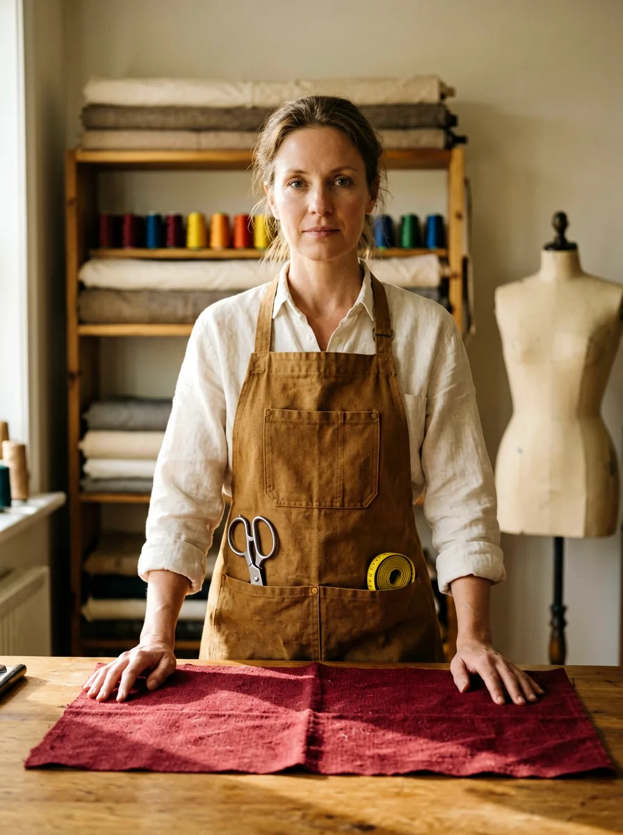 Helene Burmeister in der Werkstatt, mit Schürze