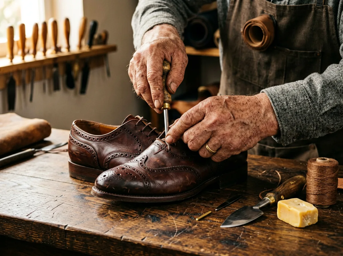 Hände eines Schuhmachers vernähen Leder mit Ahle und Faden