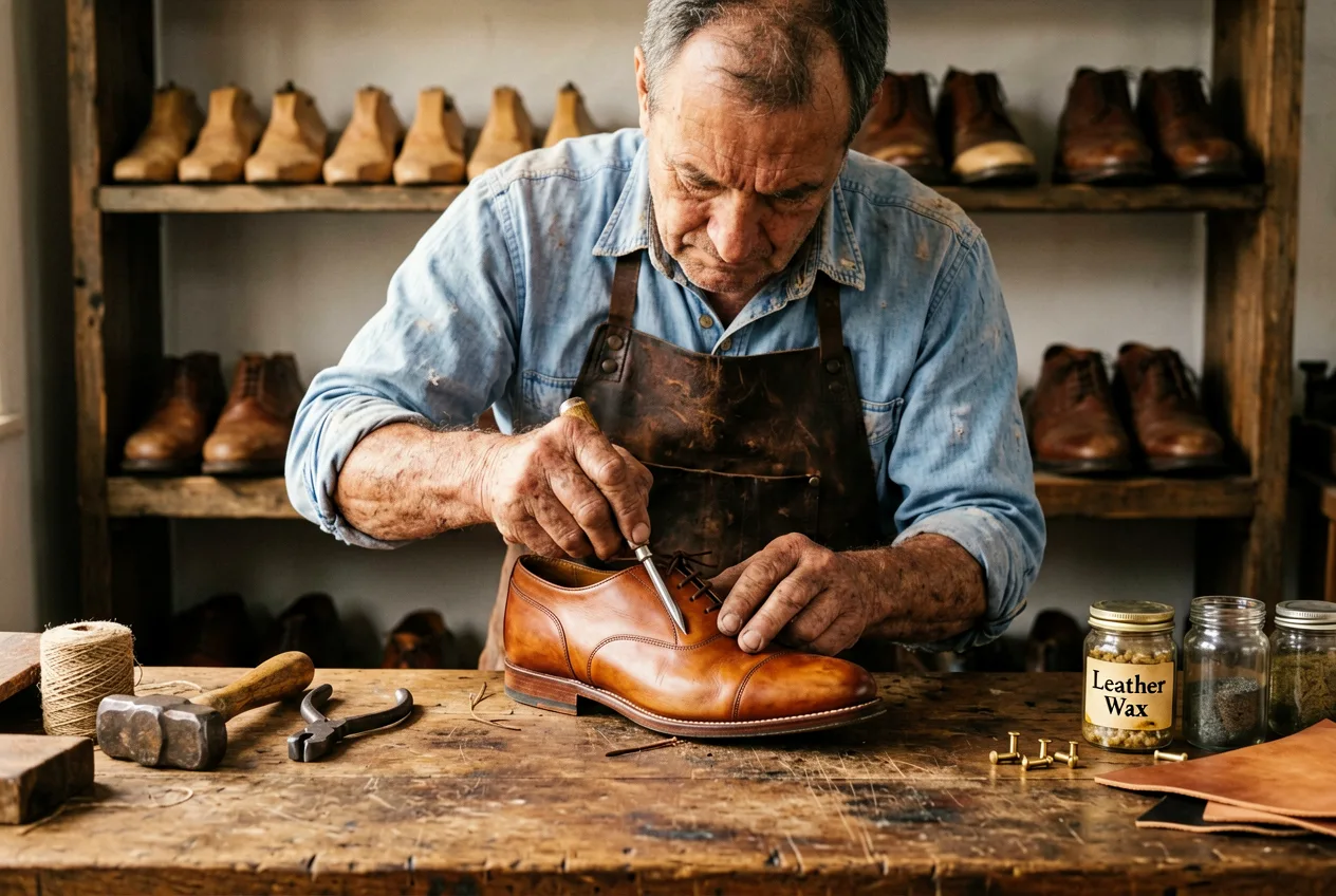 Werkbank einer Schuhwerkstatt mit Werkzeug und einem Lederschuh in Reparatur