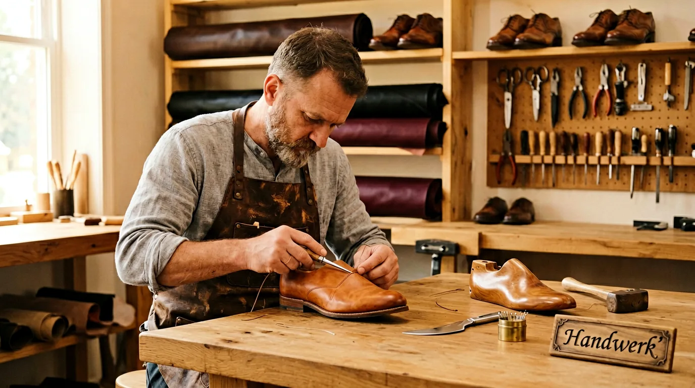 Werkstatt eines Schuhmachers mit Leder, Werkzeug und Schuhen auf der Werkbank