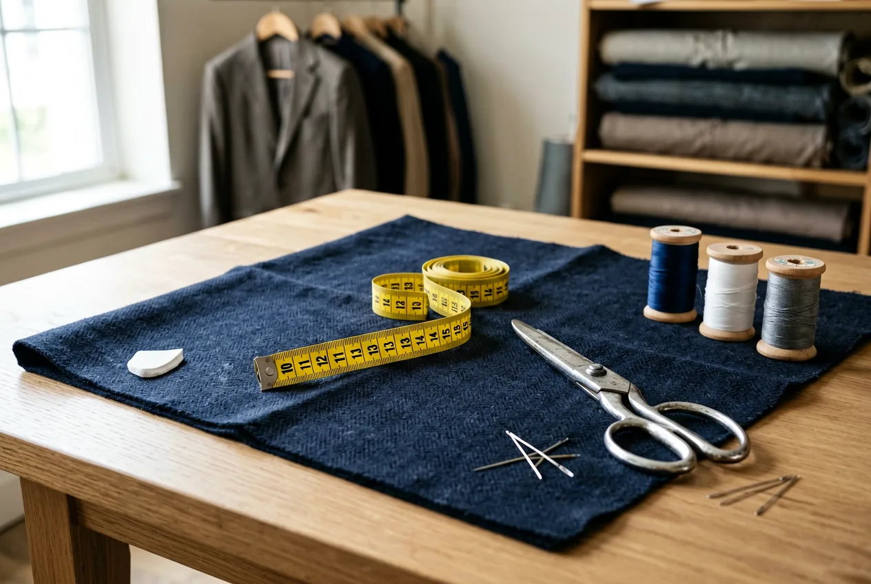 Maßschneiderin beim Zuschnitt im Atelier