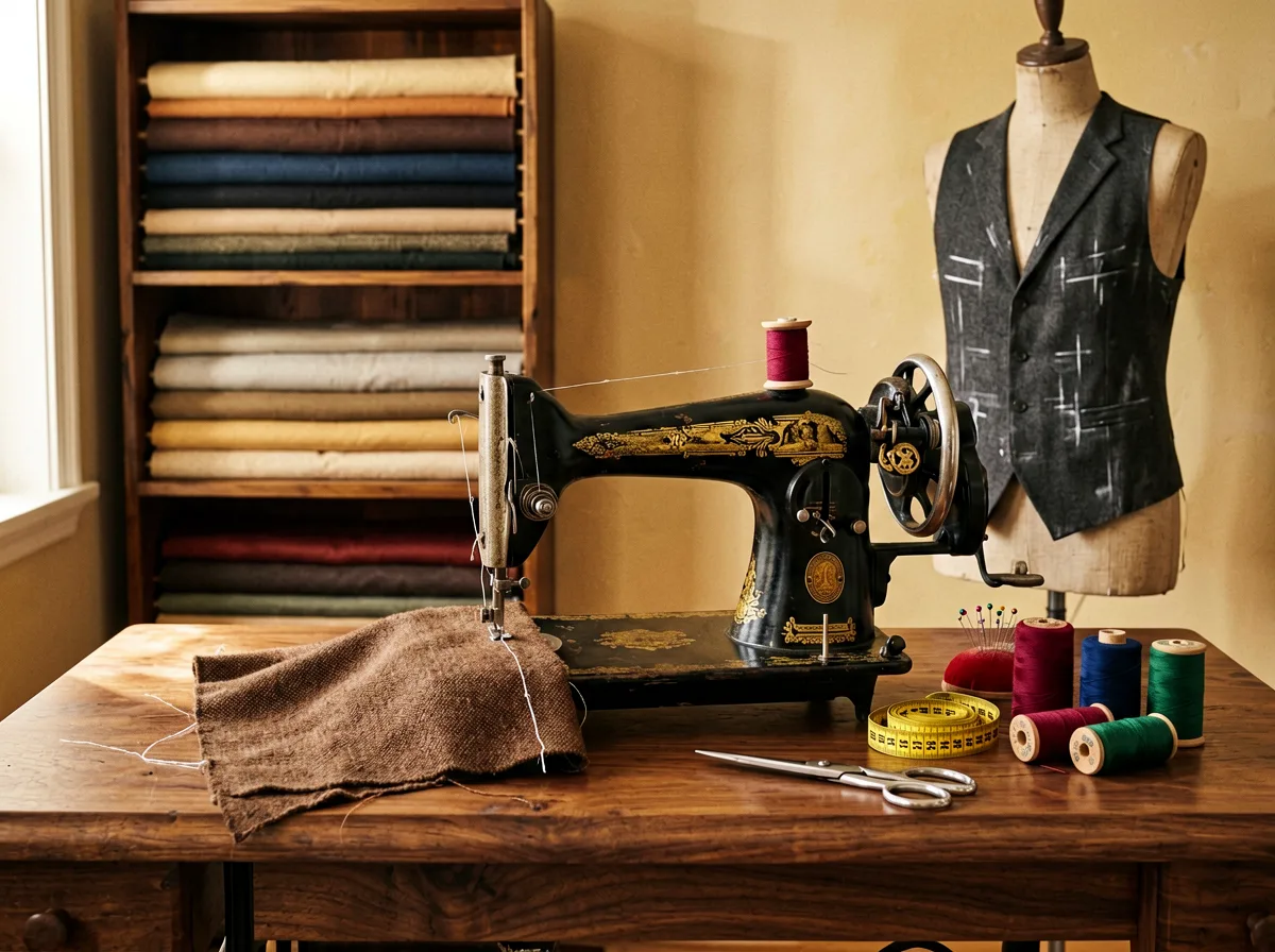 Blick in eine warm beleuchtete Werkstatt mit Nähmaschine und Stoffen