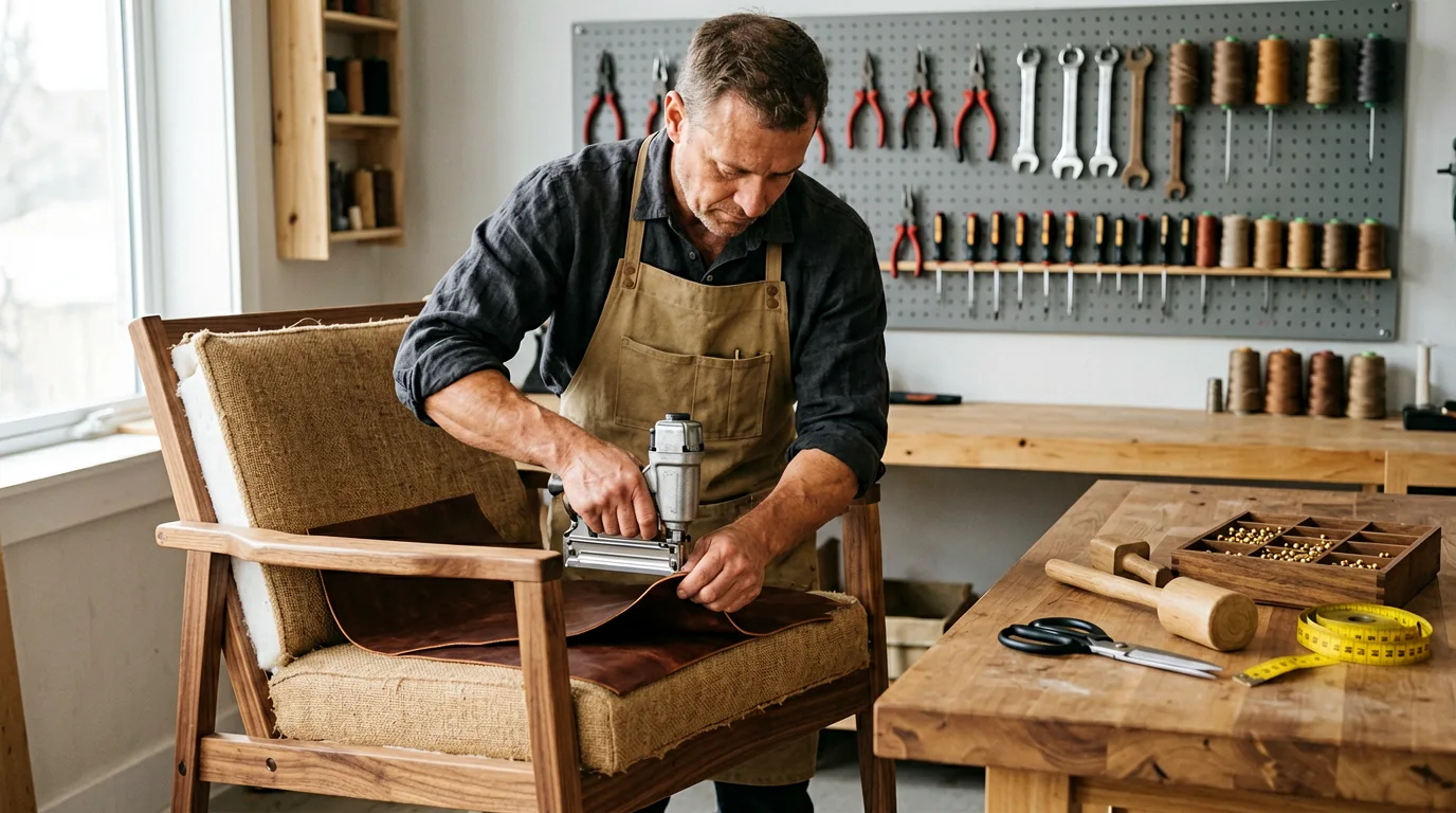 Polstermeister bei der Arbeit an einem Sessel in seiner Werkstatt