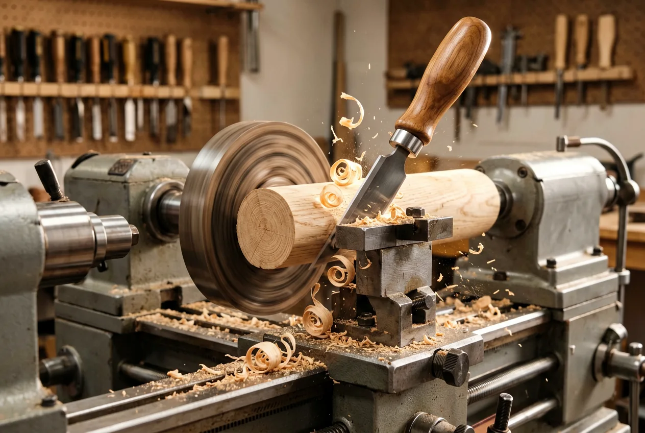 Holzspaene und Werkzeuge an einer Drehbank in der Werkstatt