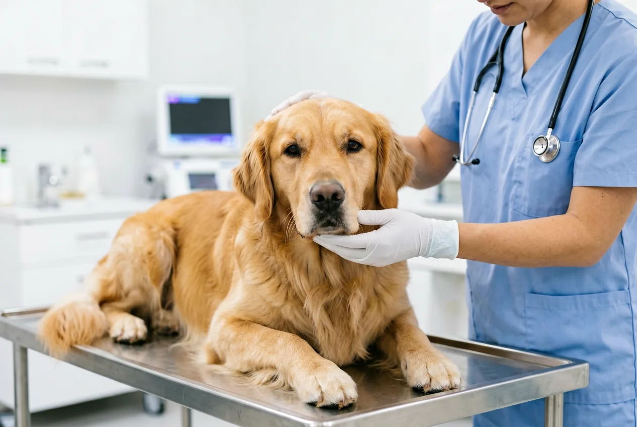 Hund wird ruhig und sorgfältig untersucht.