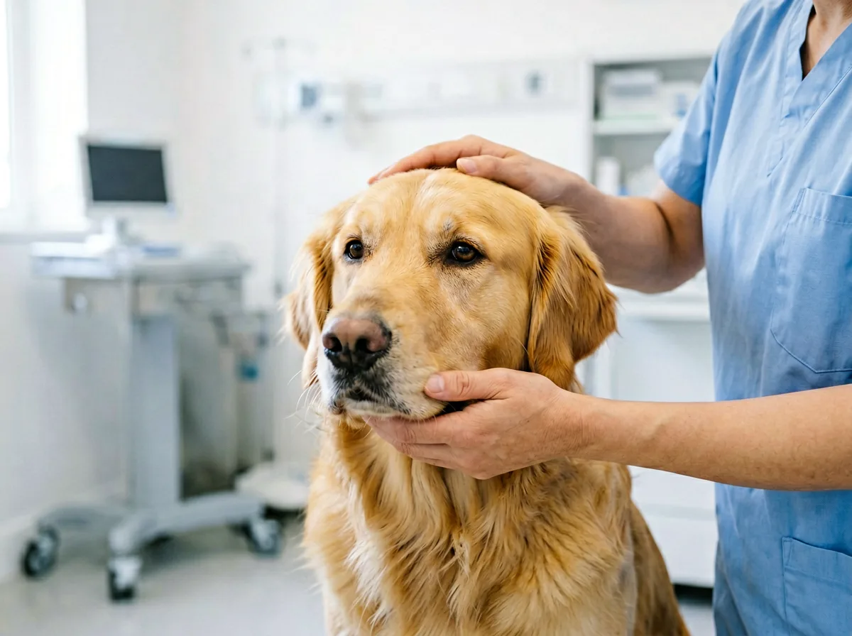 Zwei Hände streicheln behutsam einen ruhigen Hund.