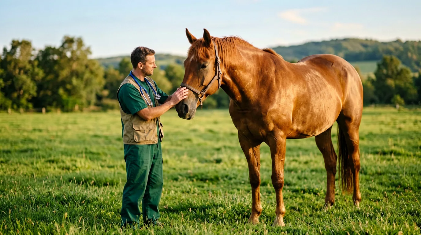 Ein ruhiges Pferd steht entspannt auf einer weiten Wiese in Norddeutschland.